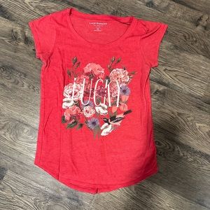 Women's size XS, floral patterned, red, LuckyBrand t-shirt.